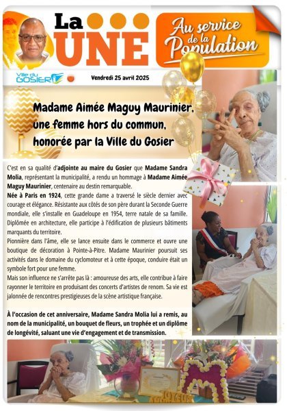 Madame Aimée Maguy Maurinier, une femme hors du commun, honorée par la Ville du Gosier
