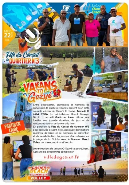 Retour en images sur Vakans O Gozyé animations du samedi 18 juillet : Partir en livre, fête du conseil de quartier n°3, Gosier beach summer volley 