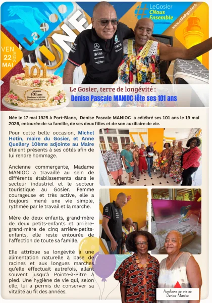 Le Gosier, terre de longévité : Madame MANIOC Denise Pascale Léone fête ses 101 ans